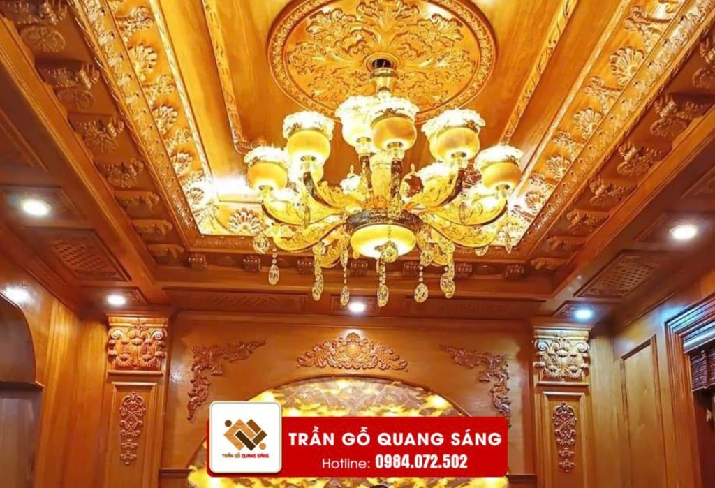 Mẫu trần gỗ tự nhiên Gõ Đỏ với nhiều hoa văn họa tiết
